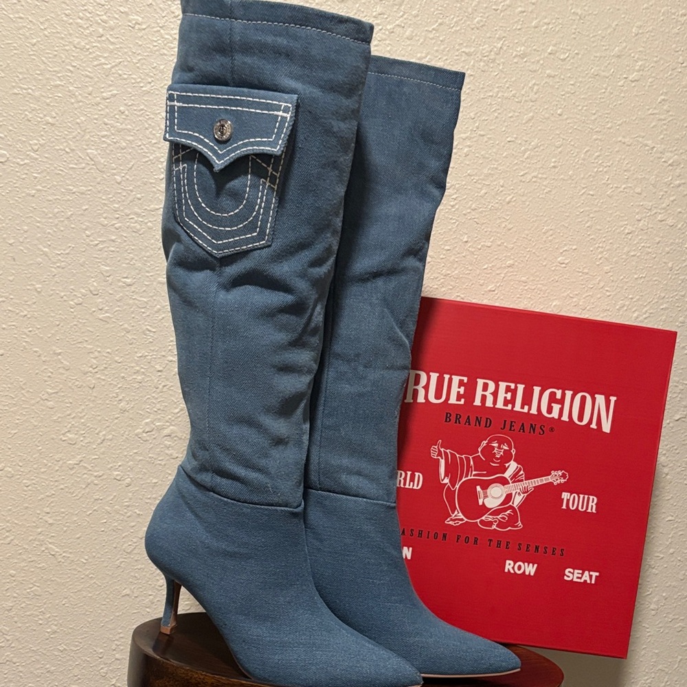 True Religion Blue Denim Knee-High Boots - Picture 1 of 13